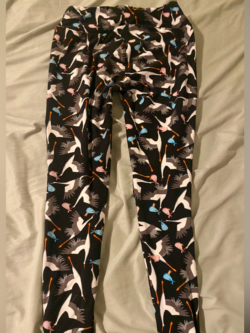 LuLaRoe Women’s Stork Print Leggings with Blue & Pink Accents